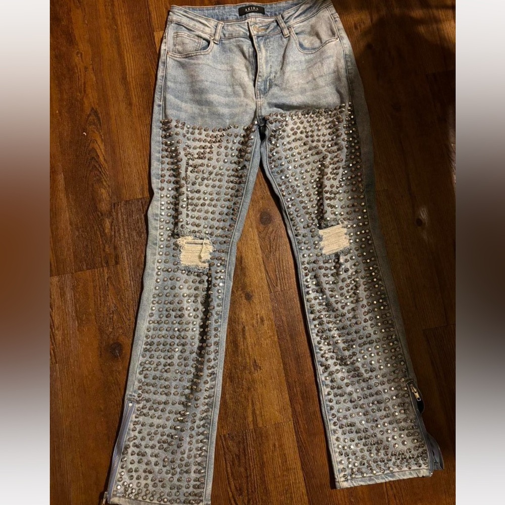 AKIRA Studded Distressed Light Blue Skinny Jeans